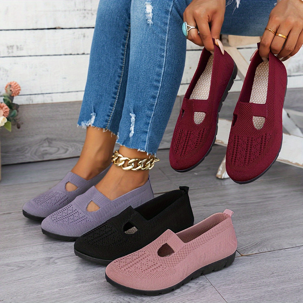 Breathable Slip-On Flats for Women with Rubber Sole, Solid Color Casual Footwear, Easy Wear Slipons, Durable Comfortable Shoes.