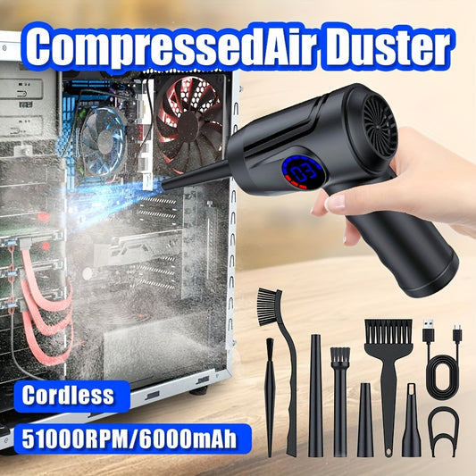 Cordless compressed air duster with 4 nozzles, LED light, 51000 RPM, 4-speed adjustable electric blower, fast charging, portable cleaner for computers, keyboards, electronics, and more.