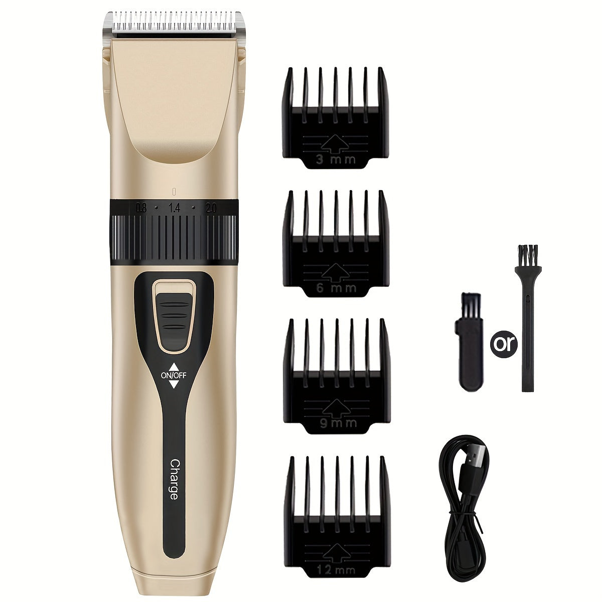 Rechargeable, quiet electric pet hair trimmer for thick coats with USB charging, cordless design and lithium battery. Includes 4 guide combs. Ideal for grooming dogs and cats.