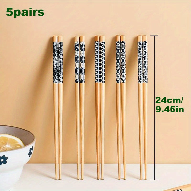 5 pairs of premium reusable bamboo chopsticks with multicolor non-slip design, lightweight and dishwasher safe.