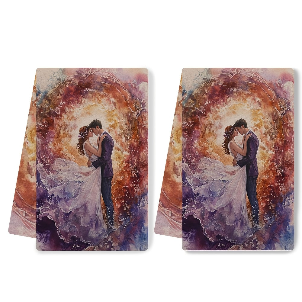 Two pieces of Romantic Sunrise Kitchen Towels made of ultra soft and highly absorbent polyester. Each towel measures 40.64x60.96 cm and features a vibrant design of a couple embracing. Perfect for holiday decor and daily use, these towels are machine