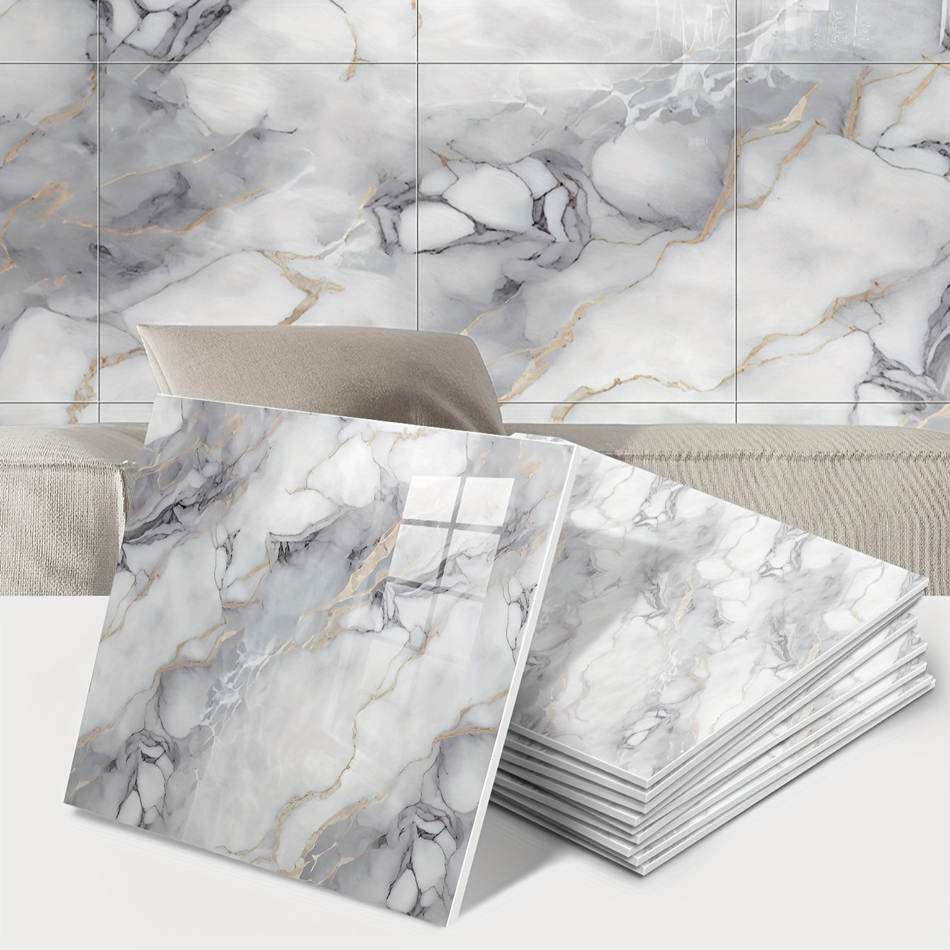 10PCS Marble Texture Self-Adhesive Wallpaper with Waterproof Aluminum Foil Backing for Wall Covering and Insulation, Easy Peel and Stick Installation.