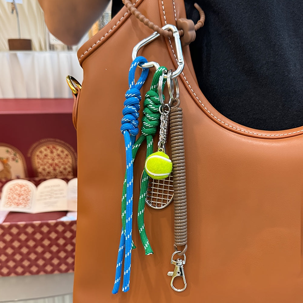 Metal keychain set featuring a tennis racket and ball design with rope accents, perfect for decorating bags with a sports theme. This multi-piece key ring accessory is ideal for attaching car keys and makes for a great Valentine's Day gift.