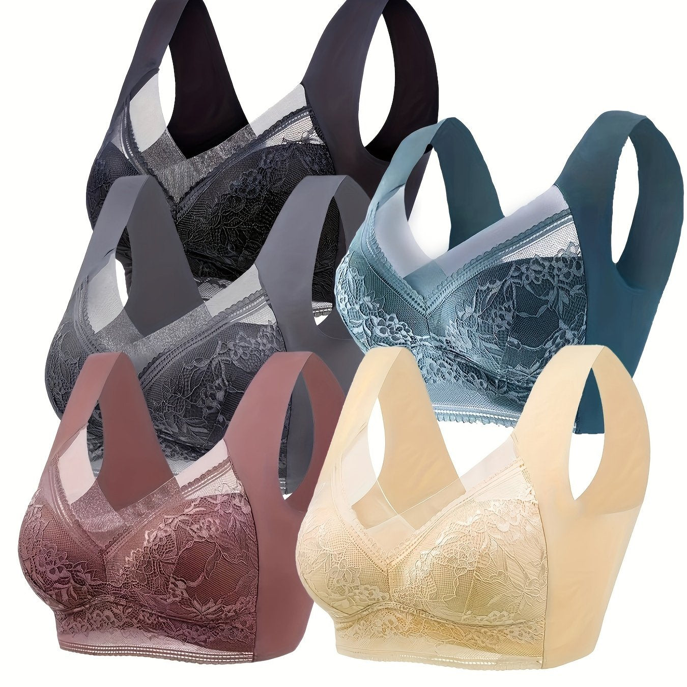 5 Contrast Lace Wireless Push Up Bras with Comfort and Breathability for Women's Lingerie & Underwear