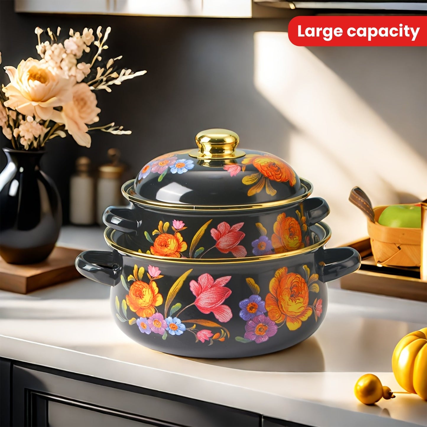 This all-purpose enamel cooking pot is spacious and suitable for preparing soups, stews, and a variety of dishes. It can be used on gas and electric stoves, making it a great addition to home kitchens, restaurants, and outdoor camping trips.