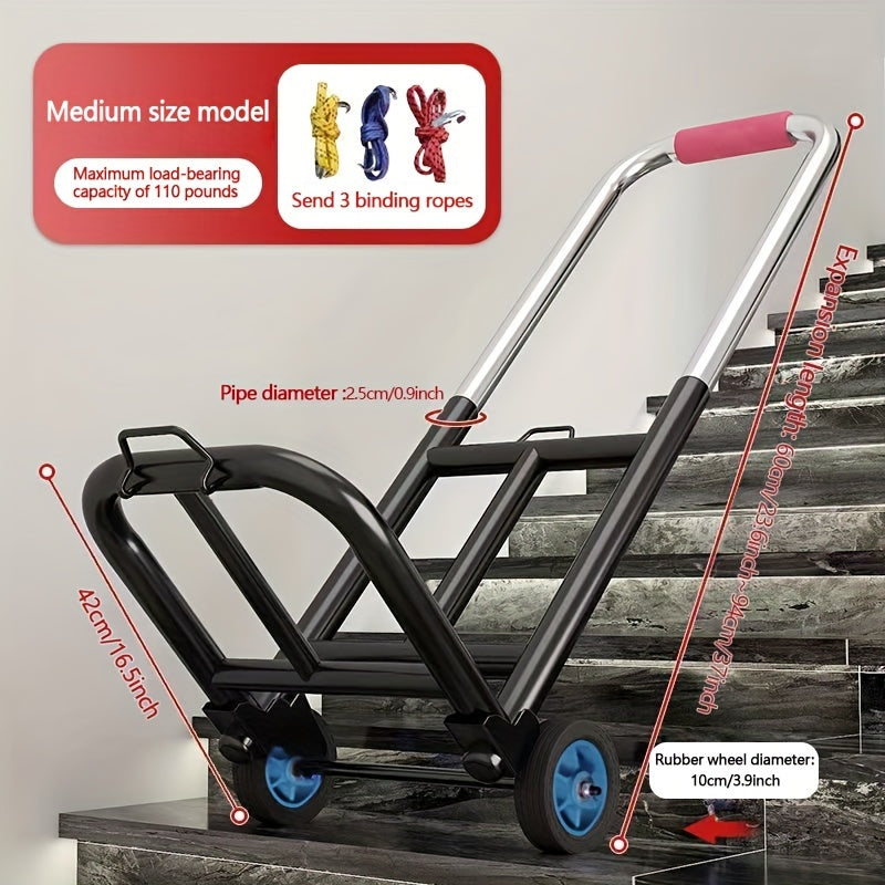 Portable and practical collapsible hand truck with extendable handle, heavy-duty iron frame, dual rubber wheels, multifunctional luggage cart with three binding ropes, 95.0 KG load capacity.