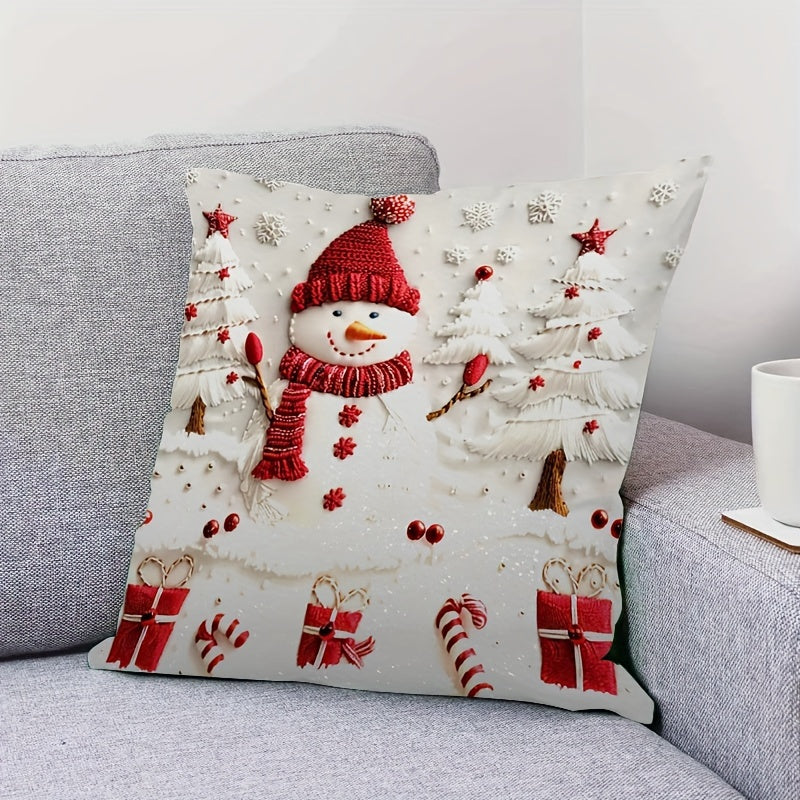 Double-sided Christmas snowman and tree design throw pillow cover made from modern polyester. Features zipper closure, machine washable fabric, and number print. Perfect for adding holiday charm to any room.