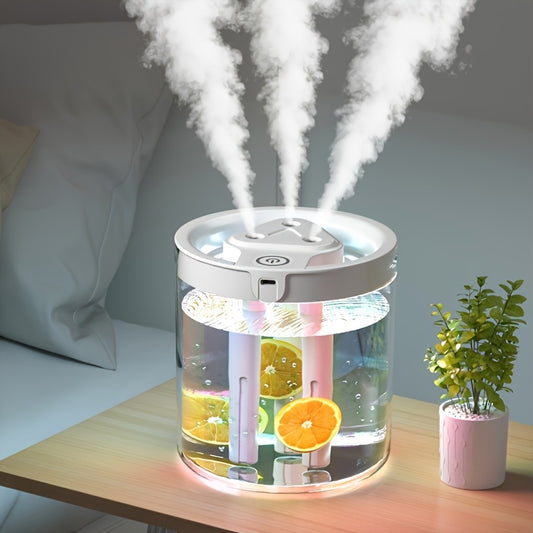 1 compact misting humidifier with 3 outlets, USB-powered, ideal for bedroom or office use, desktop-friendly design.