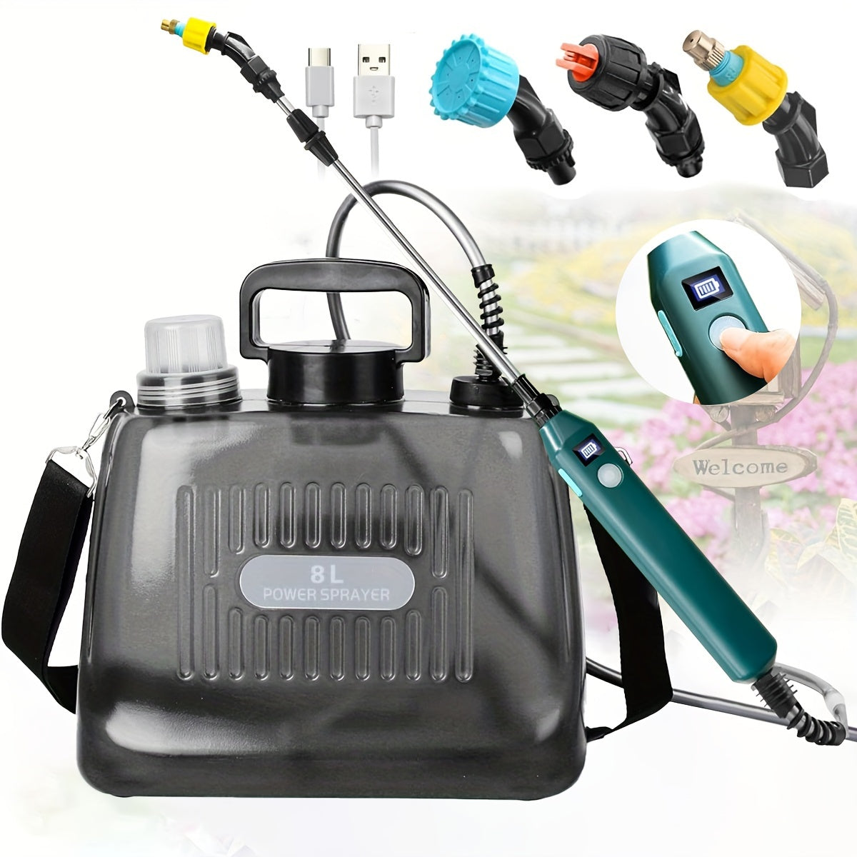 Battery-powered sprayer with 3 mist nozzles, telescopic wand, and rechargeable handle for yard maintenance.