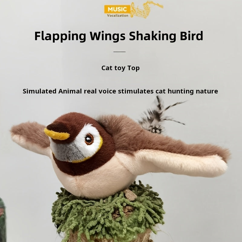 Interactive electric cat toy that simulates bird sounds and movements to provide both physical and mental stimulation for your cat. The tail is made of artificial feather-polyester material.