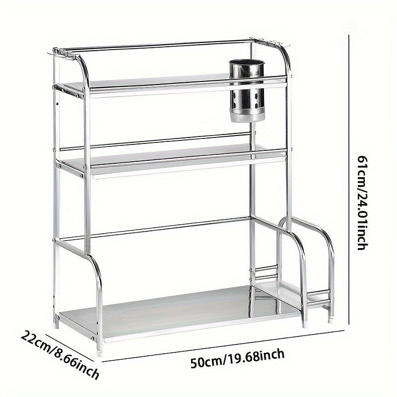 Get organized with this versatile kitchen storage rack! This multi-layer floor-to-ceiling rack is perfect for storing knives, supplies, and seasonings in various styles. Made of stainless steel, it also features a wall-mounted design with six hooks for