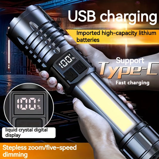 800mAh LED flashlight with adjustable focus, USB rechargeable, digital display. Ideal for outdoor camping and emergency lighting.