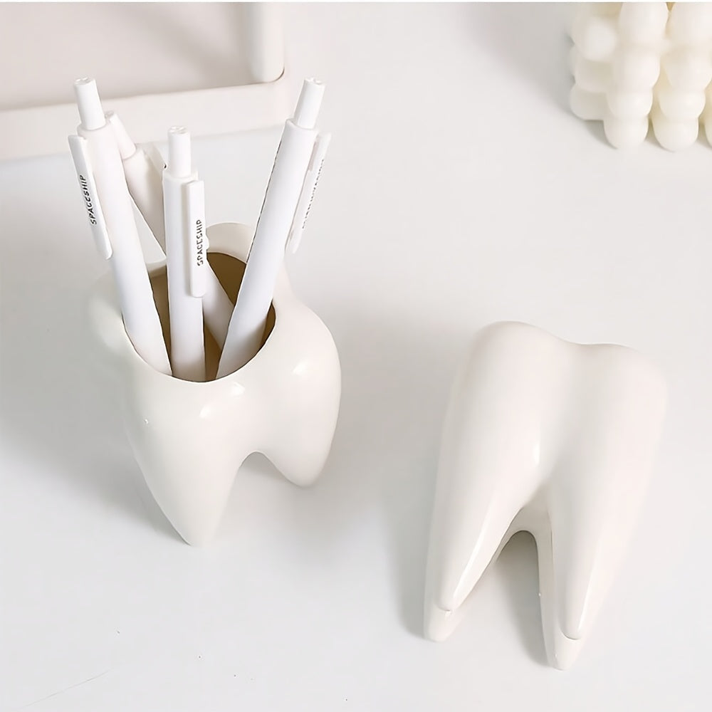 Ceramic tooth-shaped pen holder and succulent pot, rotates 360° for desk organization, ideal for home office and dentist gifts. Cute desk decor and plant holder, perfect for office desk.