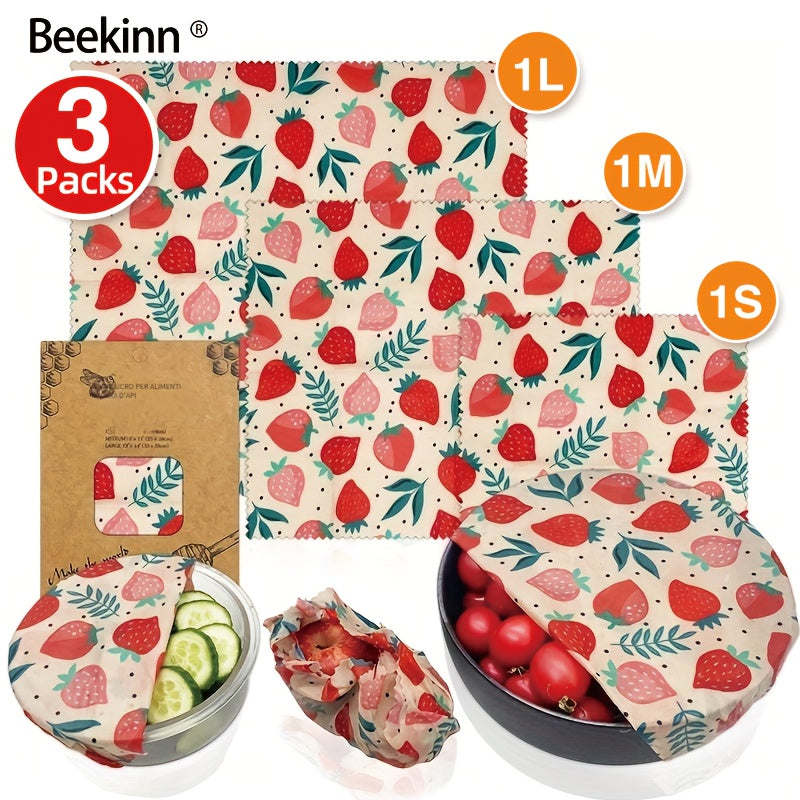 Set of 3 Beeswax Food Wraps, Eco-Friendly Fabric, Hand Washable, Environmentally Friendly, Sustainable Storage Solution for Kitchen