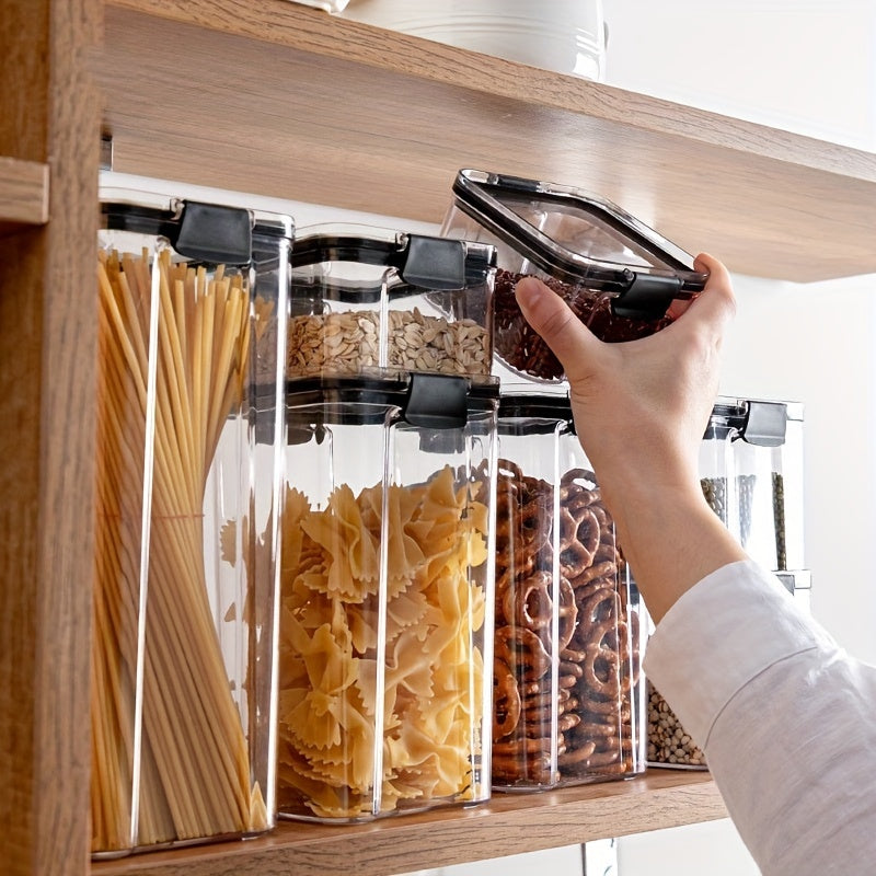 Set of airtight food storage containers - Clear plastic canisters with durable lids for organizing kitchen and pantry items like cereal, pasta, grains, nuts, and spices. BPA-free PET material, stackable design, and available in various sizes (small