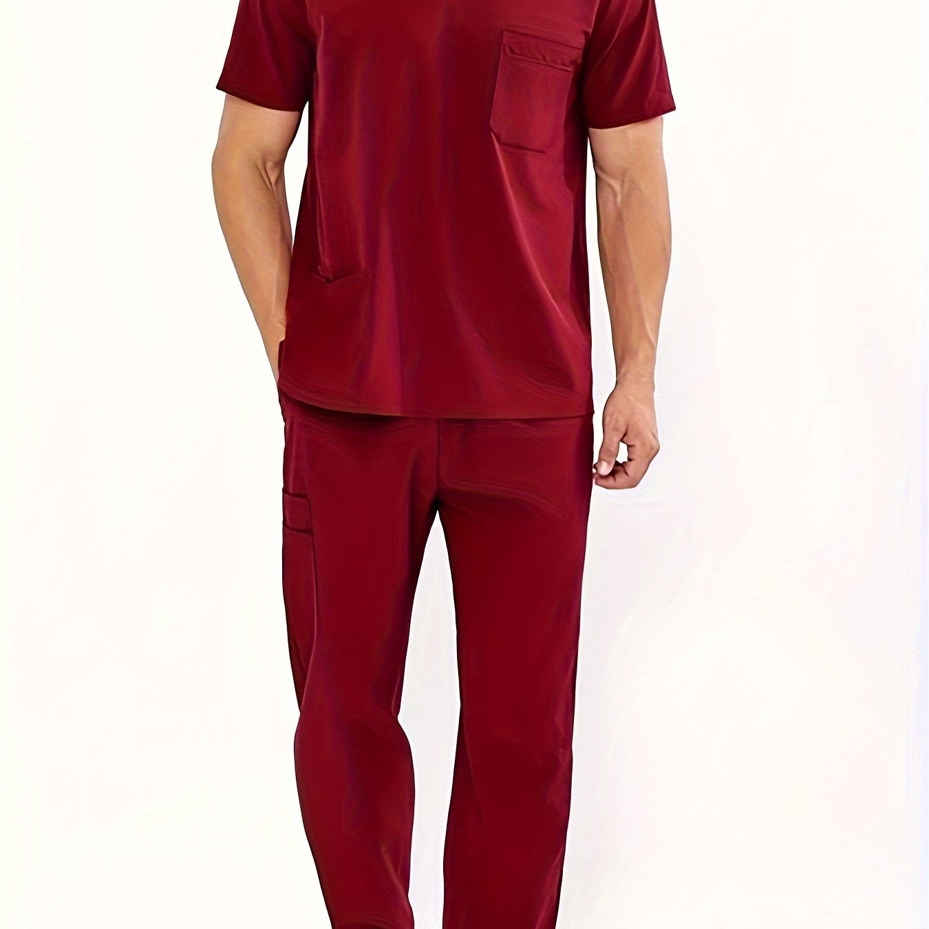 Summer V-neck workwear set for men with 4 pockets.