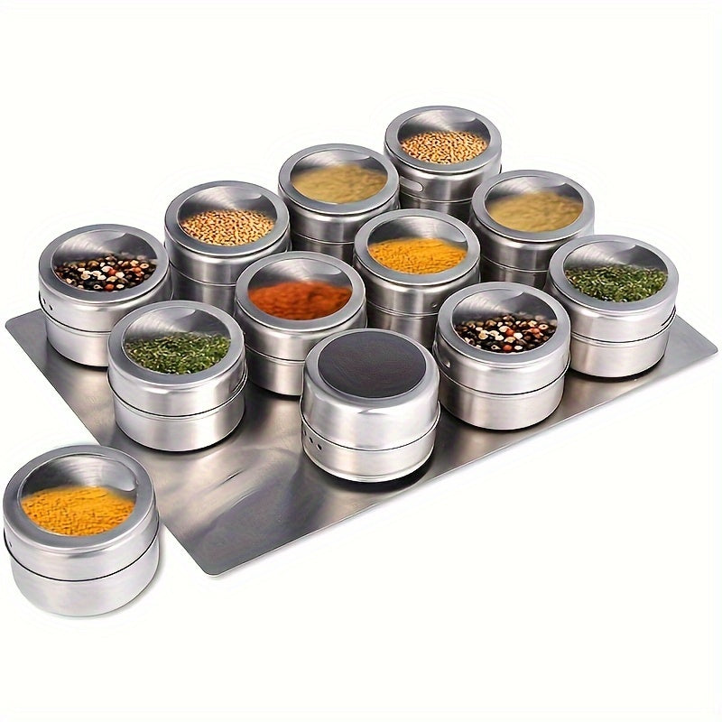 Set of 12 magnetic spice containers including seasoning jars, spice jars, and spice tins. Also includes salt and pepper shakers, spice shakers, and a salt bottle. Perfect addition to any kitchen accessories collection.