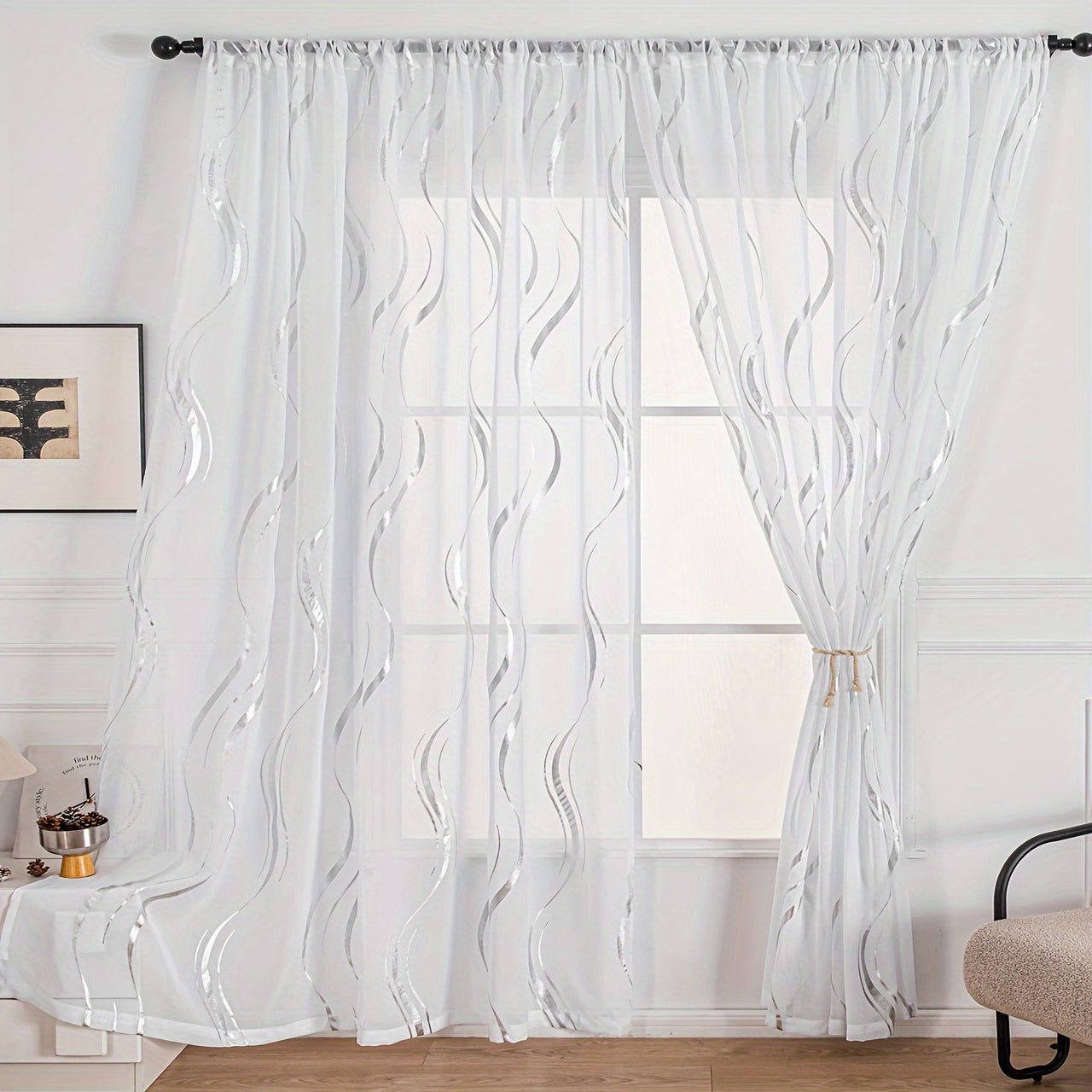 Black and white water ripple patterned curtain with silvery hot stamping for window screen, 1 piece.