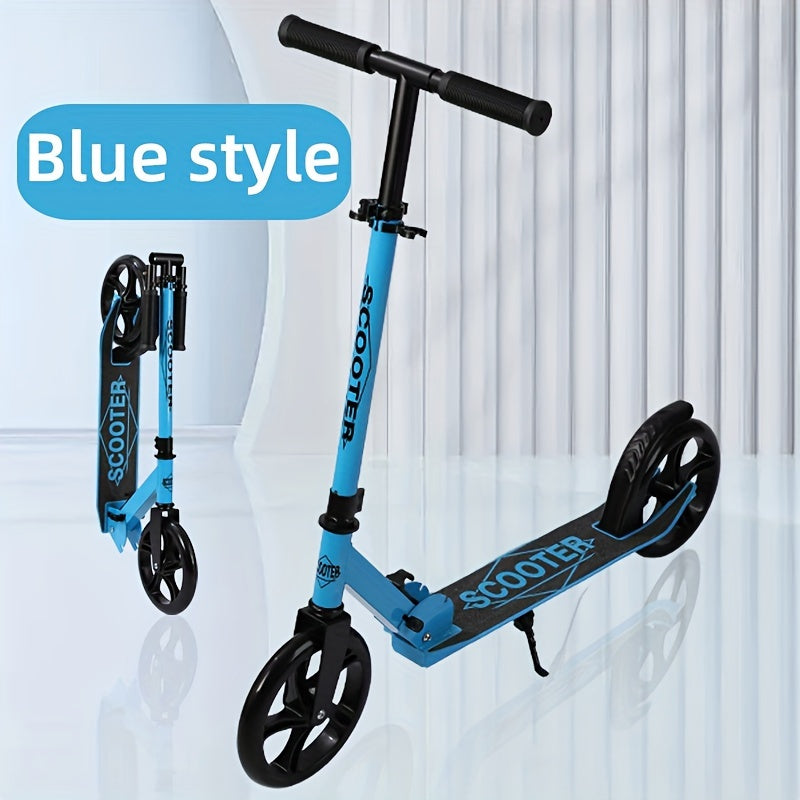 Adult kick scooter with iron frame, foldable design, rear brake, front suspension, anti-slip solid tires, adjustable height - ideal for commuters ages 14+ with maximum load of 100kg.