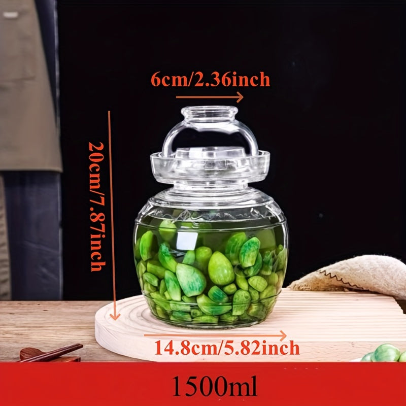 Glass fermentation jar with lid for pickling, 1500ml capacity, ideal for kimchi, sauerkraut, and more. Made of high borosilicate glass with water seal design.