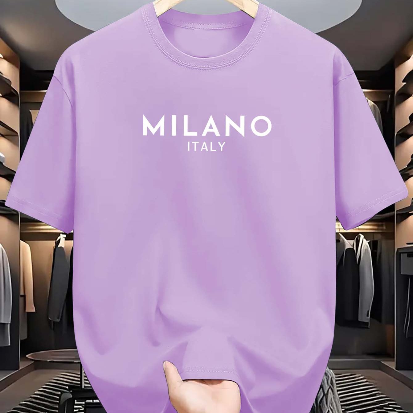 Men's Milano Italy Print T-Shirt, Casual Crew Neck Tee with Polyester Knit Fabric, Summer Short Sleeve Top with Stretch, Fashionable Regular Fit for Adults.