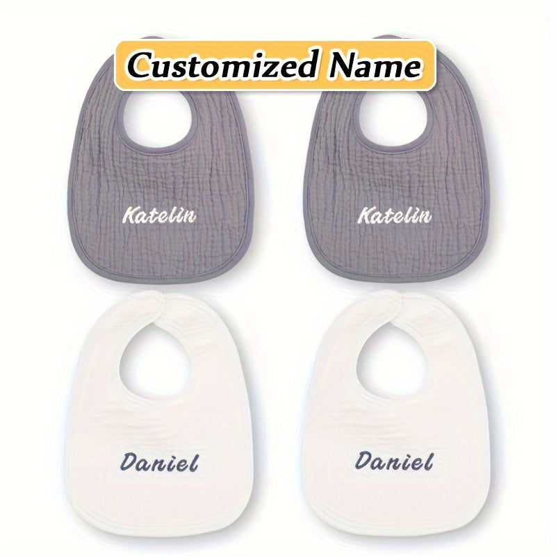 Set of four custom bibs with personalized names - made of soft, breathable, and highly absorbent material with adjustable snap closure. Perfect for newborns and makes a great gift for Christmas, New Year, or Halloween.