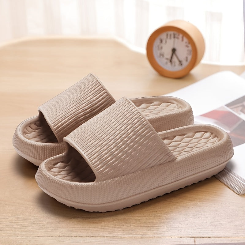 Stylish summer slides for women with thick soles, round toe, and non-slip flat heel, perfect for indoor and outdoor wear, made of comfortable EVA material.