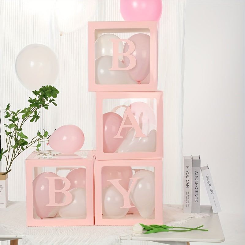 4-piece set of 9.85-inch baby gift box with BABY letters, including a white transparent square box and a transparent balloon box for birthday party decoration and gender reveal gifts (balloons not included).