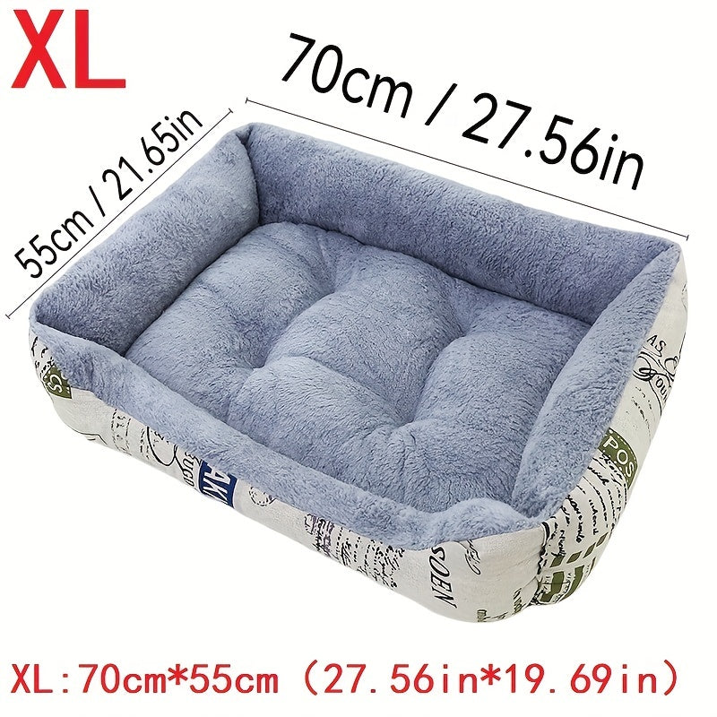 Soft light blue dog bed with newspaper print border, suitable for small, medium, and large dogs. Provides all-season warmth and comfort. Stylish and warm pet cushion.