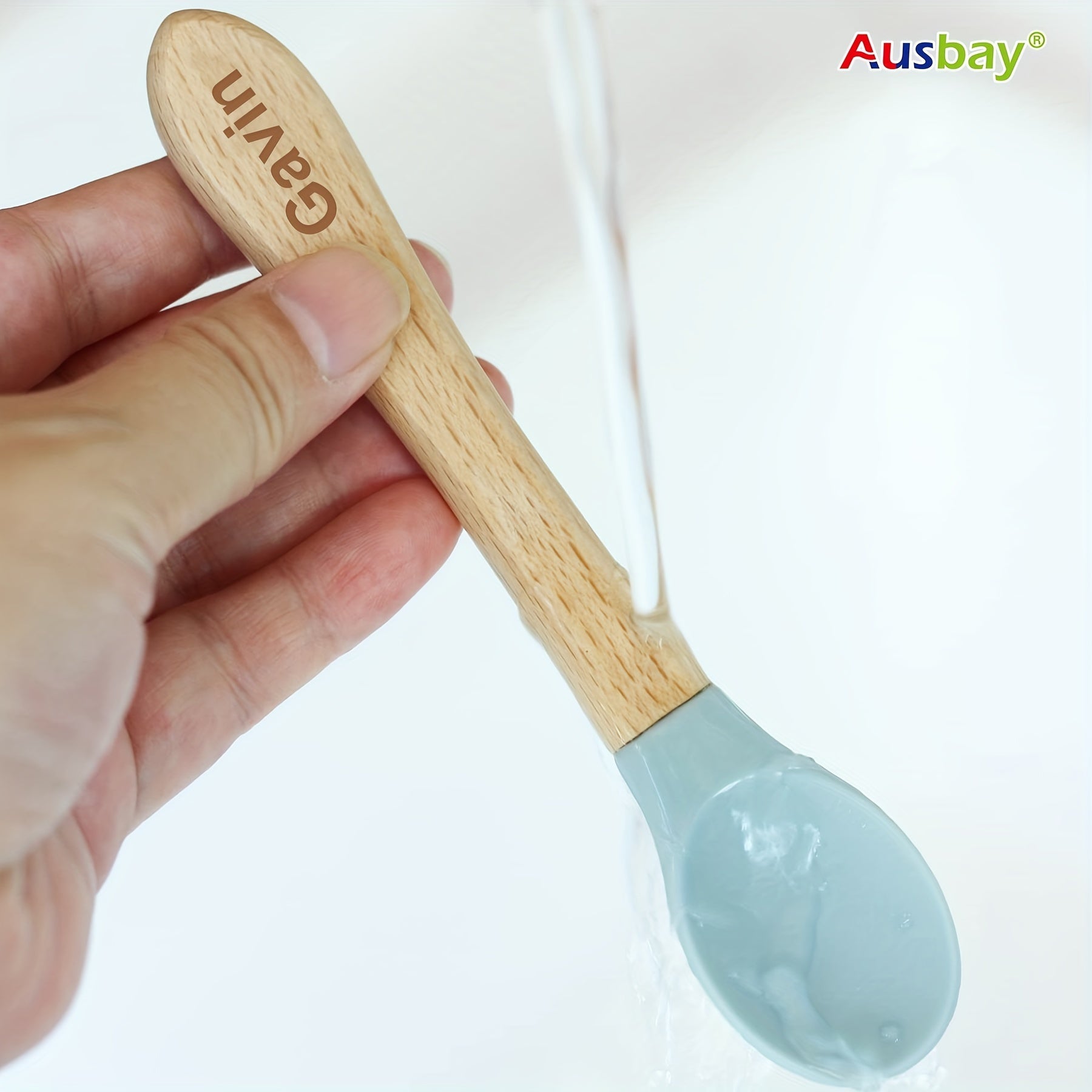 Ausbay 2-piece personalized silicone training spoon and fork set for kids - strong and secure with custom name handle - ideal for children and collectors