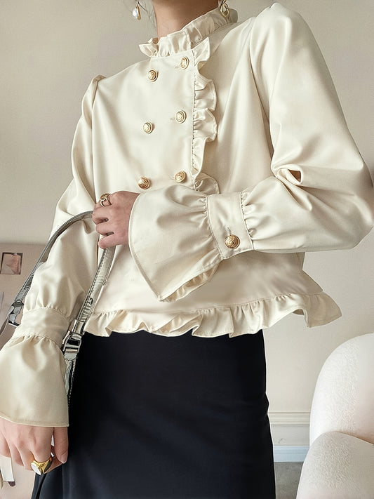 Stylish cream blouse with ruffle trim and stand collar for fashionable women.