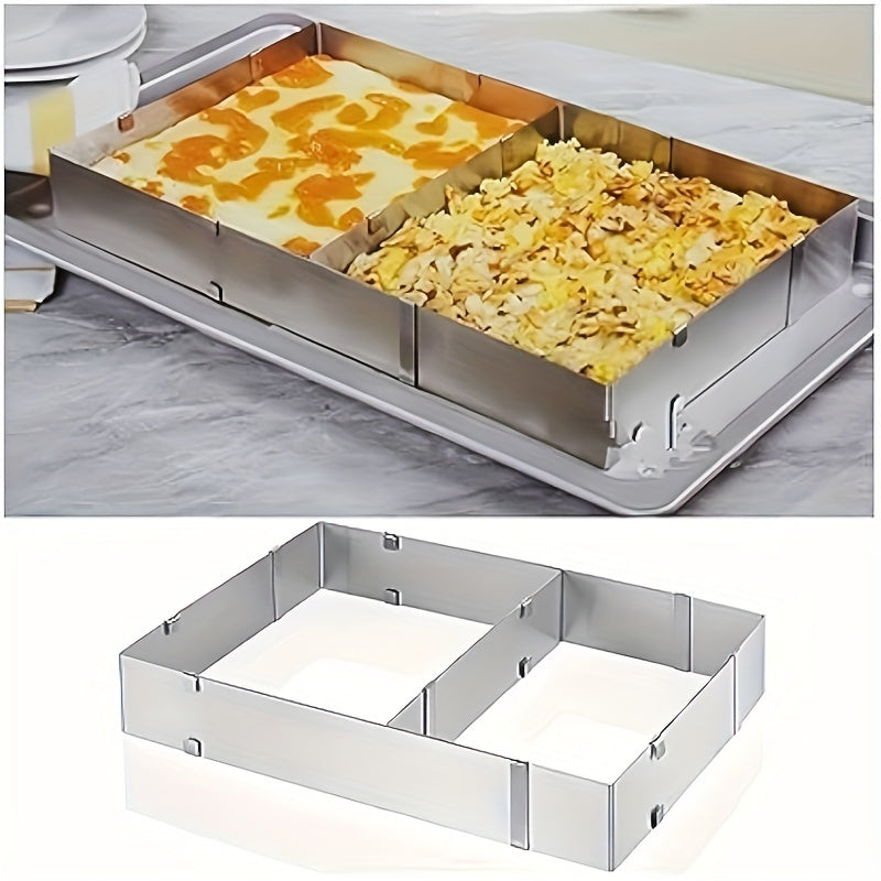 Adjustable, scalable stainless steel rectangular mousse cake mold, suitable for baking birthday cakes, tiramisu, bread, and pastries. Measures 27.94cm to 53.34cm. Perfect for all your baking needs.