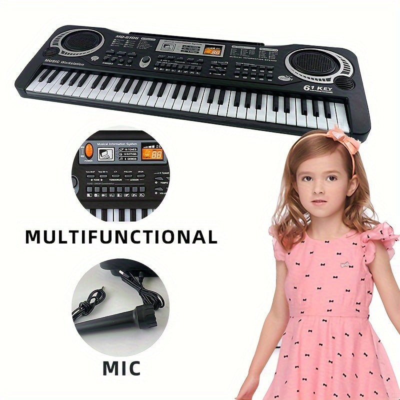 61-Key Music Workstation Digital Piano Keyboard with Microphone for beginner and enthusiasts. Interactive learning tool in multicolor, non-electric, and durable plastic body.