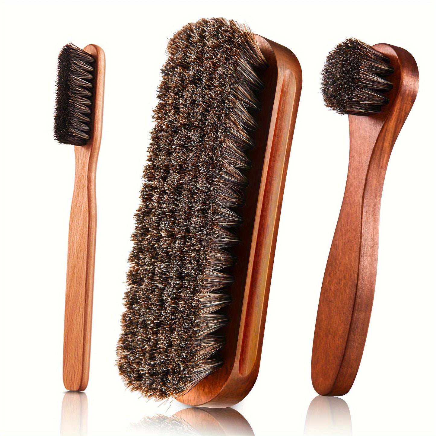 Horsehair cleaning brush set with wooden handle, soft bristles, reusable, no electricity required, multiple components for various cleaning tasks. Ideal for car interior, clothes