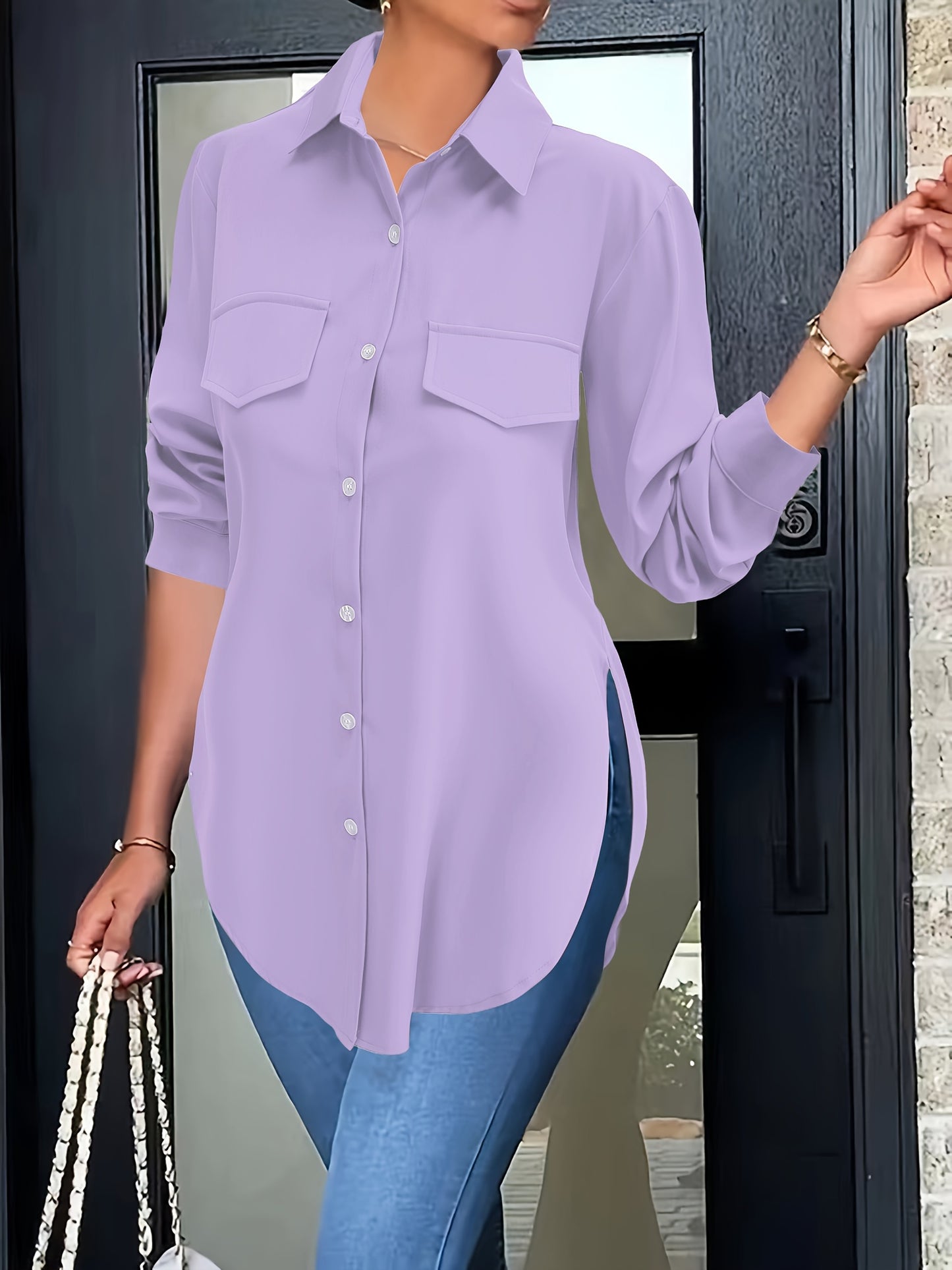 Curved hem blouse for spring, button front and collared, plus size.