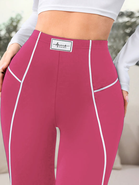 Women's Plus Size High-Waisted Leggings, Polyester Fabric, Solid Color with Contrast Piping, Elastic Waistband, Ideal for Outdoor Fitness and Daily Wear