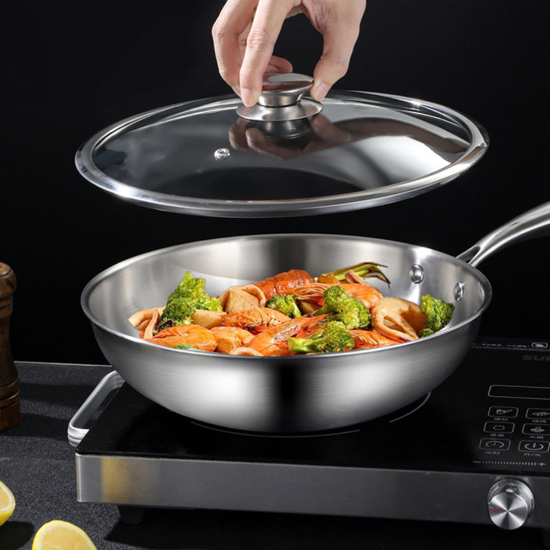 1 piece of 12-inch stainless steel skillet with lid, induction compatible, extended handle, and uncoated cookware for versatile cooking.