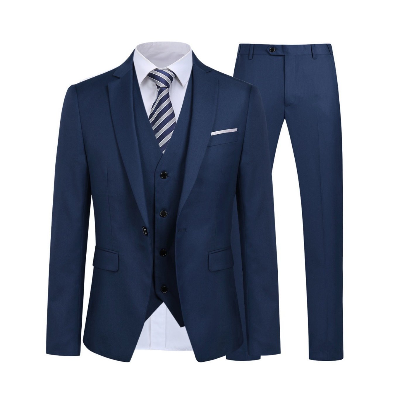 Men's single buttoned jacket and three-piece suit in a solid color.