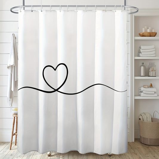 Heart pattern shower curtain set, 180x180cm, water-resistant polyester, machine washable with plastic hooks, all-season arts theme bathroom decor for home and hotel.