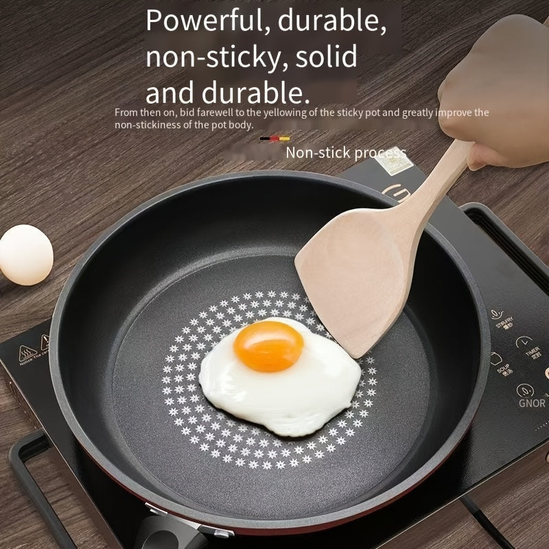 Small, flat bottom 24cm skillet made of non-stick cast iron with lid. This dual-use pan is perfect for cooking pancakes and more, designed to be used on both induction and gas stoves for a smokeless cooking experience.