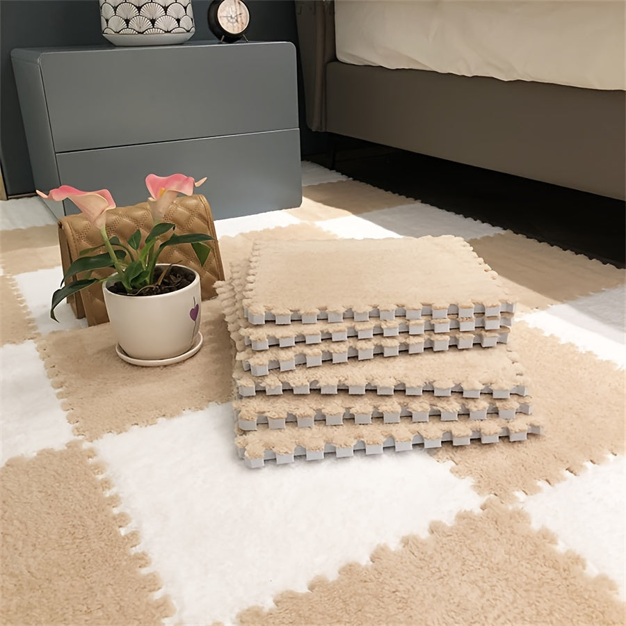 12pcs of thickened bedroom and living room full coverage carpet, room bedside mat, warm interlocking floor rug. Machine washable, soft non-slip material made of polyester and EVA. Hand wash