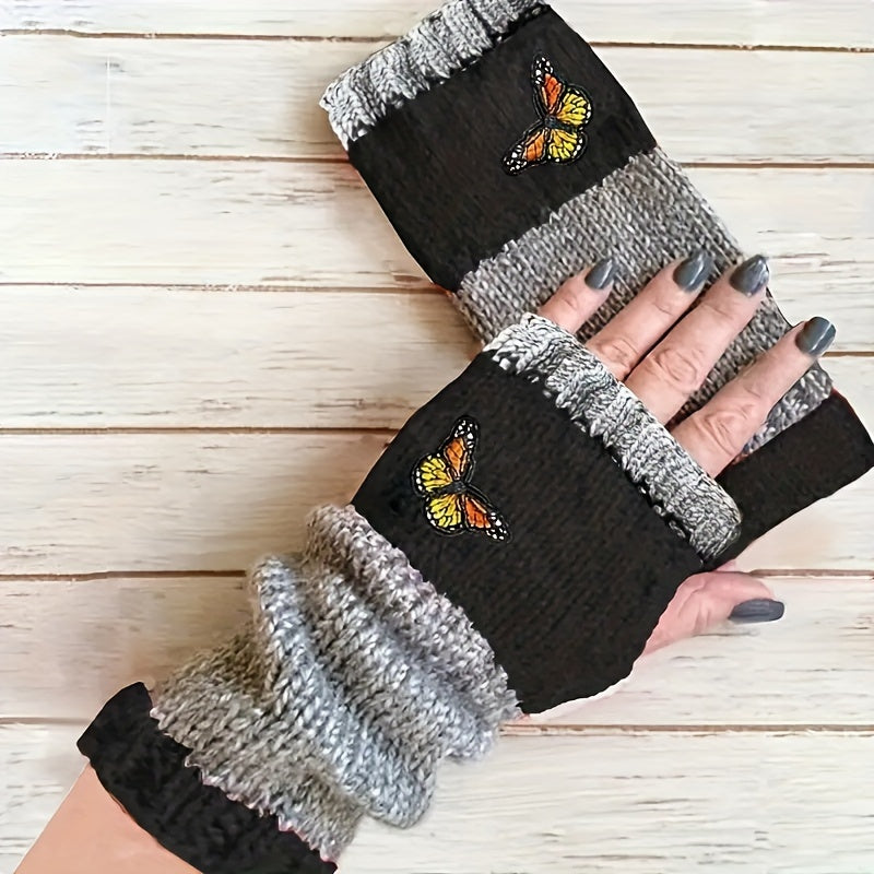 Knit Fingerless Gloves with Butterfly Embroidery, Stylish Color Block Design, Windproof and Warm for Autumn and Winter Writing.