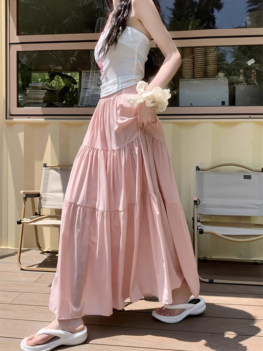 Women's elegant tiered A-line long skirt made of 100% polyester with lining, elastic high-waist, flared hem, loose fit, suitable for spring/summer/fall fashion.