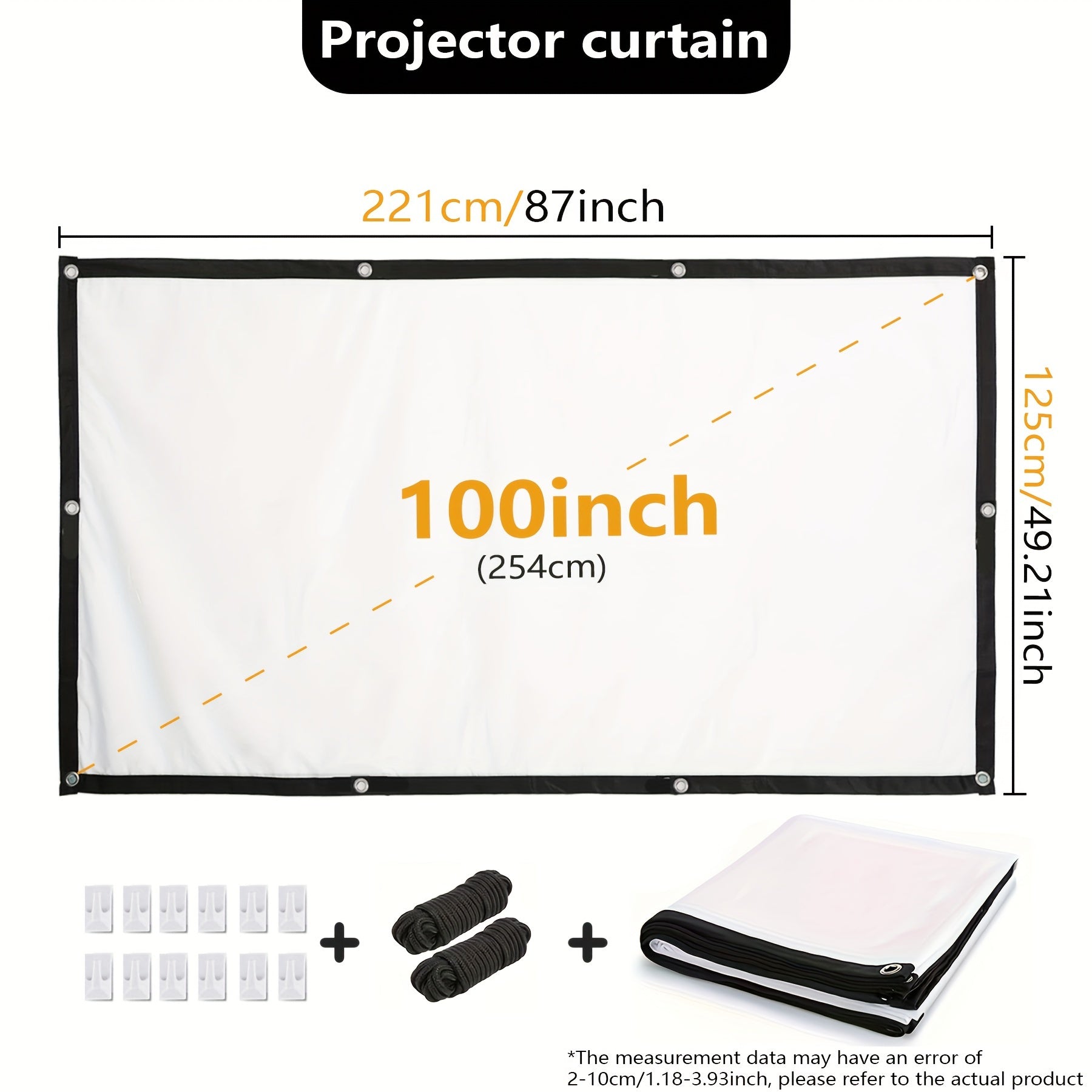 TUOGTCI 100-Inch Giant Projector Screen - 16:9 HD, 3D Compatible, Thick Polyester, Indoor/Outdoor Use.