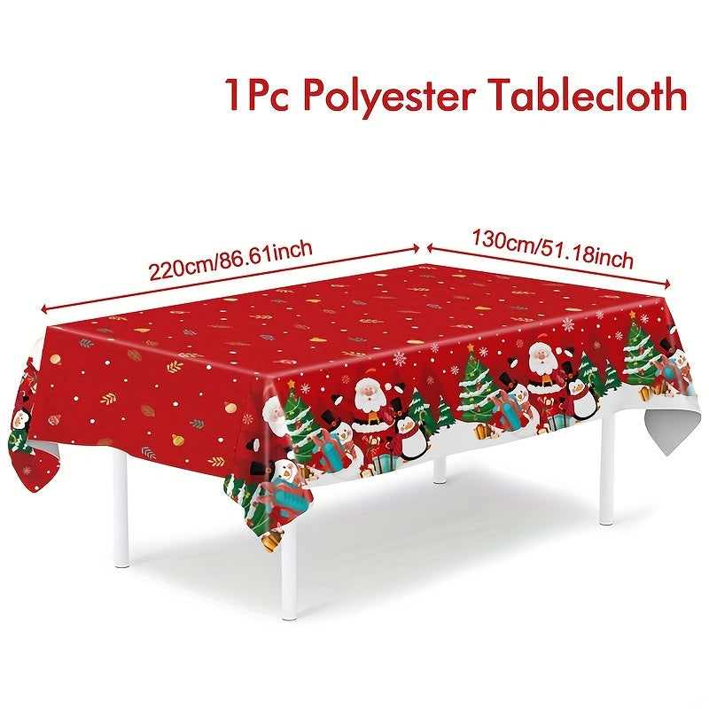 1 piece Christmas tablecloth featuring Santa, penguin, and snowflake design on red background. Made of smooth polyester, measuring 130x220cm. Ideal for parties, gifts, and home decor.