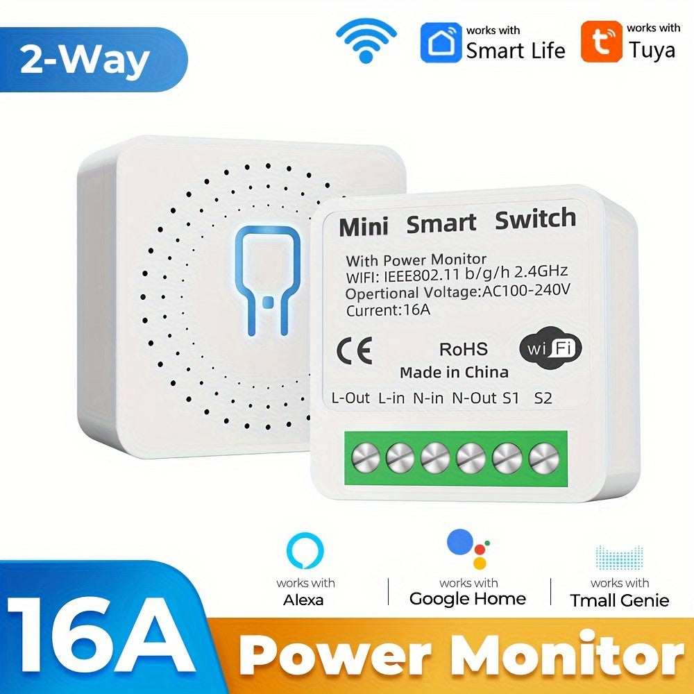 2-Way Mini WiFi Smart Power Switch, 16A, ZigBee, Tuya Smart Life App, Voice Control with Alexa & Google Home, Non-Waterproof, App-Controlled, Flush Mount for Electronics and Audio Systems -