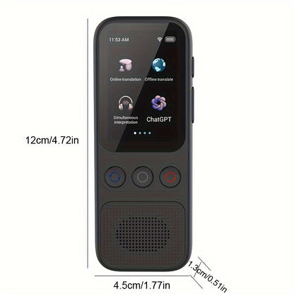 Two-way language translator with 138 language support, offline accuracy and recording, and a 5.08cm HD touch screen for travel, business, and study.