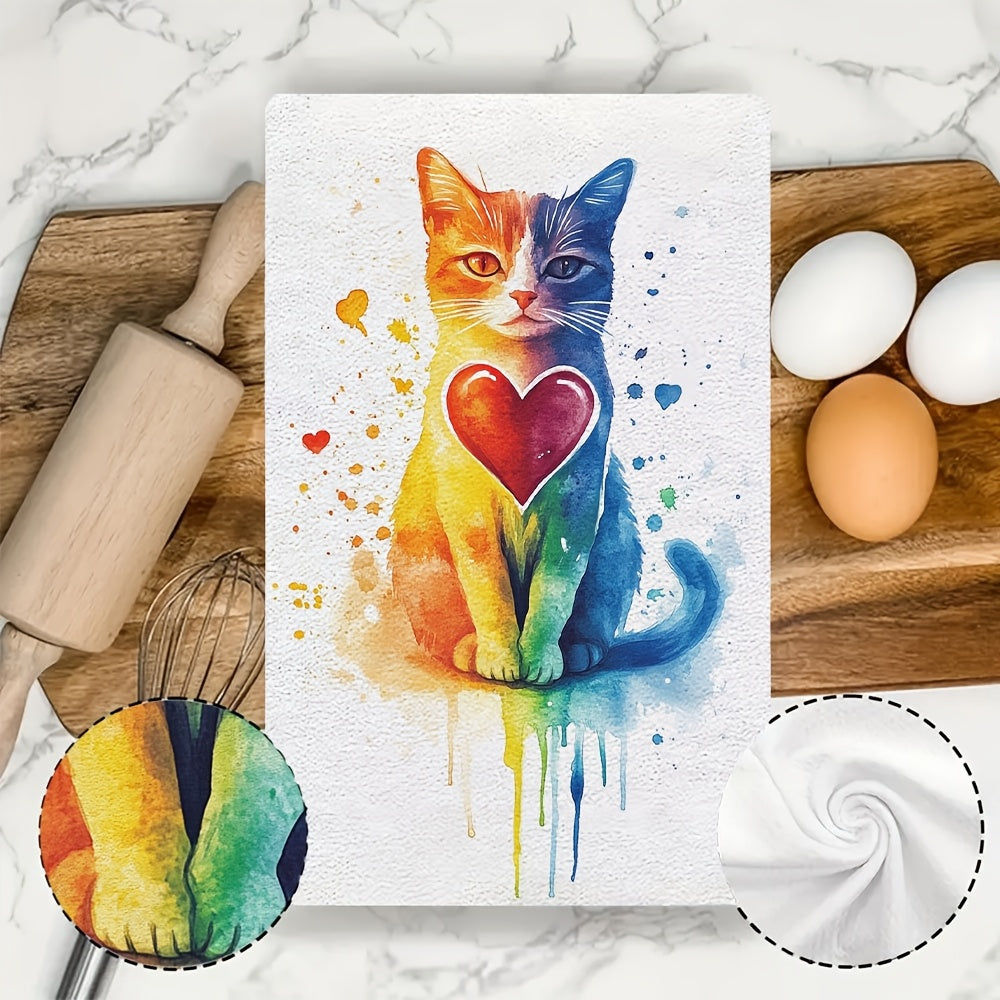 Get a pair of ultra-soft kitchen towels adorned with a charming cat design and rainbow mini hearts, great for celebrating Valentine's Day. These highly absorbent dish towels are easy to clean in the washing machine and are 40.64X60.96 cm in size, making