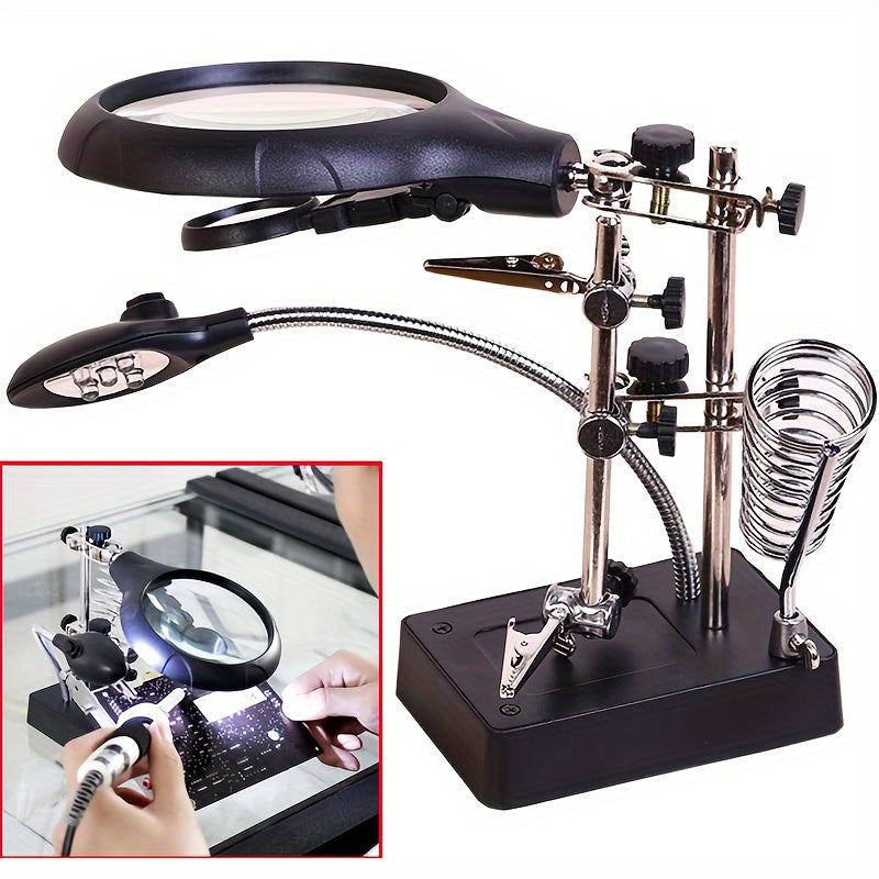 LED lighted magnifying station with 2.5X, 7.5X, and 10X magnification, perfect for soldering and crafting. Includes clamp and alligator clips for easy use on desktop. Ideal for jewelry