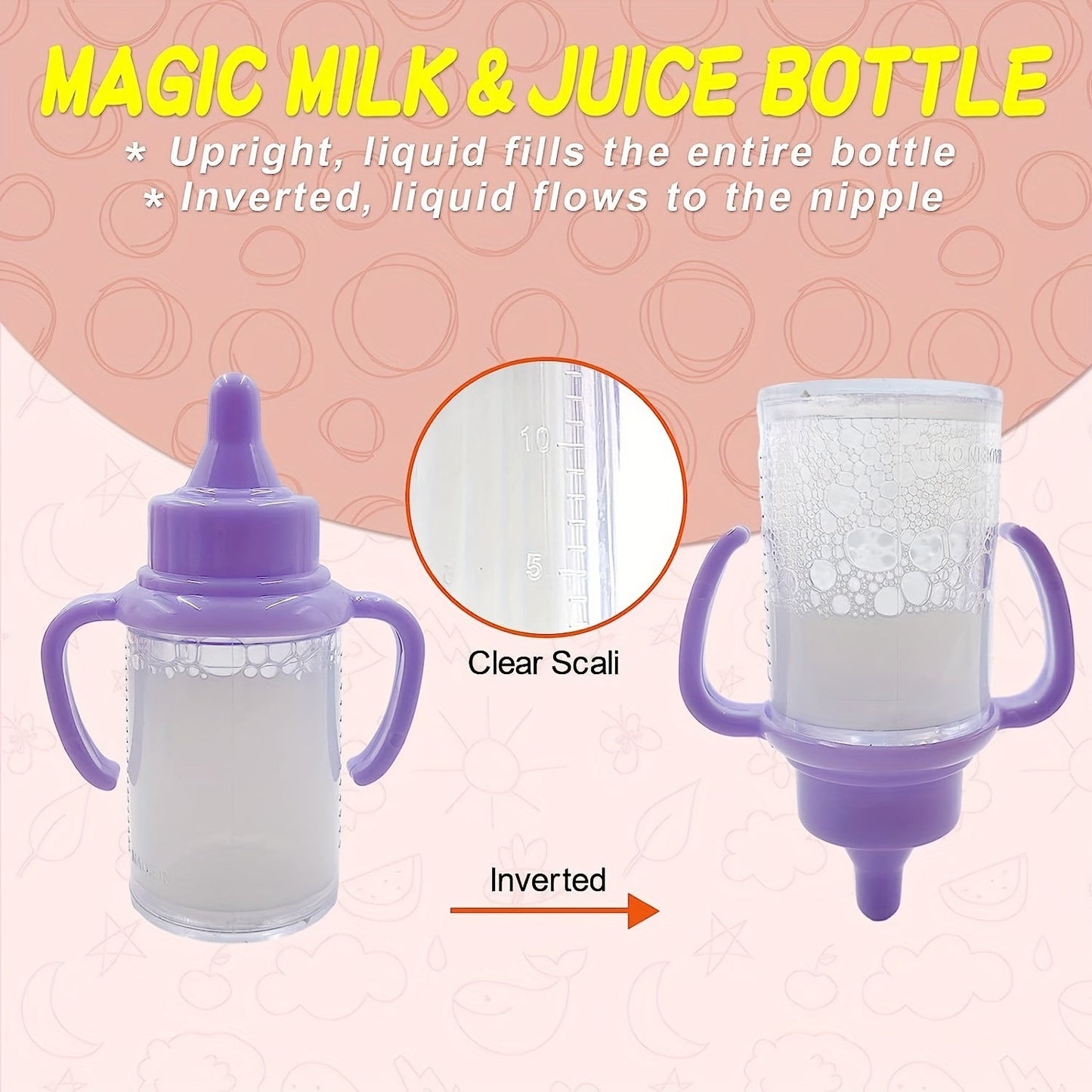 Set of baby doll feeding bottles, including 8.48 cm milk bottles and 9.5 cm juice bottles, comes with a toy pacifier. Perfect baby doll accessories for kids' gift.